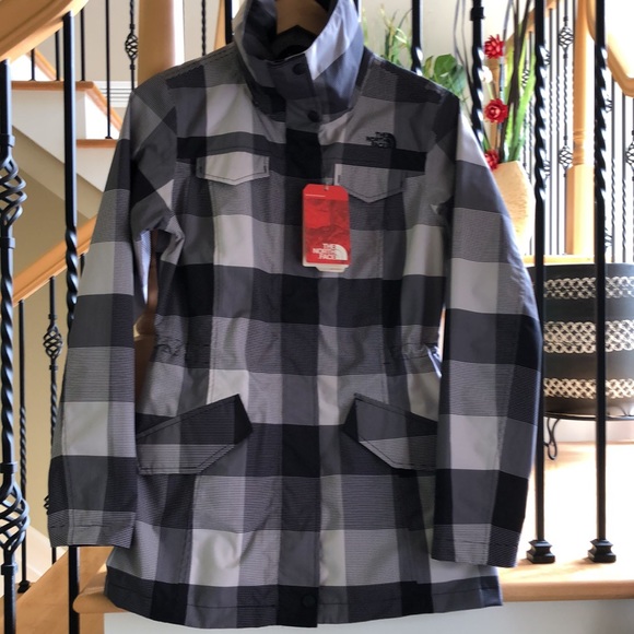 The North Face Gray Black Plaid Check Print Rain Coat Jacket + Hoodie - Picture 2 of 15